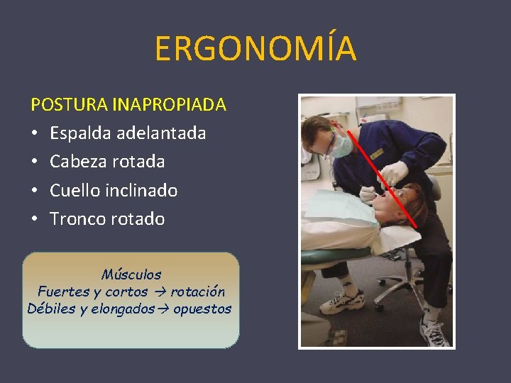 ERGONOMÍA POSTURA INAPROPIADA • Espalda adelantada • Cabeza rotada • Cuello inclinado • Tronco