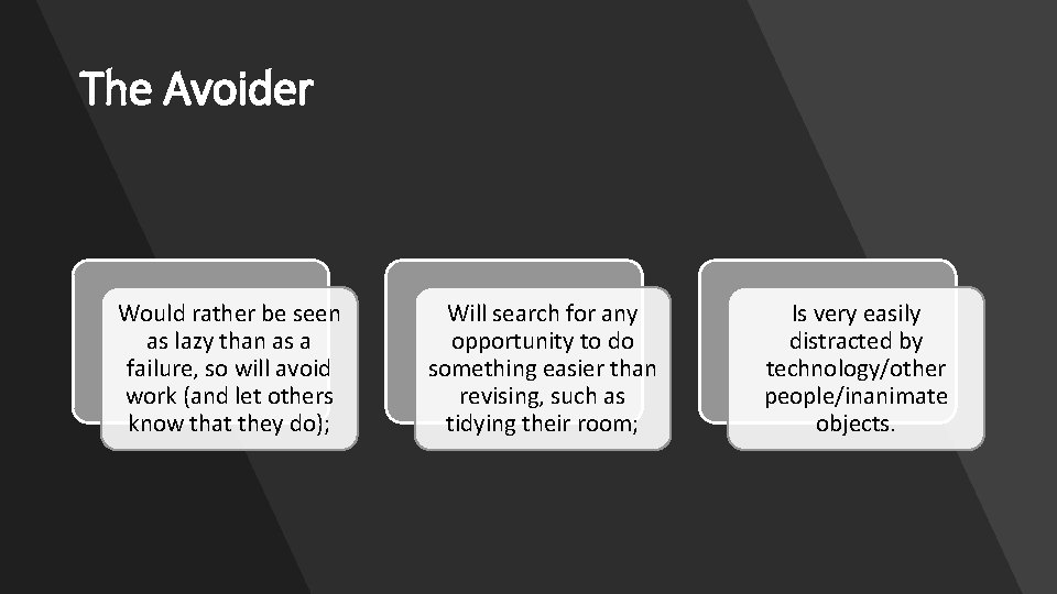 The Avoider Would rather be seen as lazy than as a failure, so will