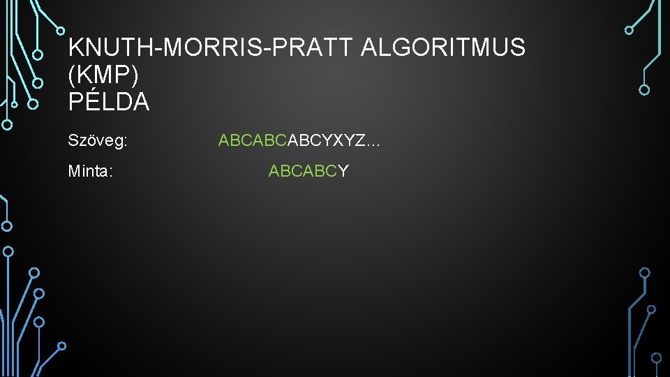 KNUTH-MORRIS-PRATT ALGORITMUS (KMP) PÉLDA Szöveg: Minta: ABCABCABCYXYZ… ABCABCY 