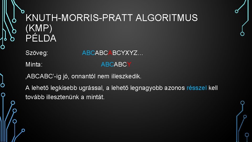 KNUTH-MORRIS-PRATT ALGORITMUS (KMP) PÉLDA Szöveg: Minta: ABCABCABCYXYZ… ABCABCY ‚ABCABC’-ig jó, onnantól nem illeszkedik. A