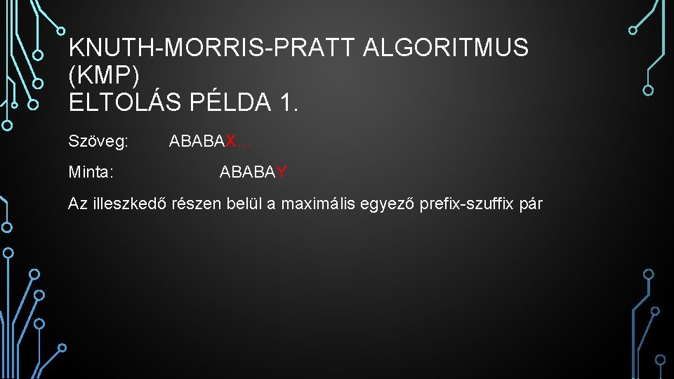 KNUTH-MORRIS-PRATT ALGORITMUS (KMP) ELTOLÁS PÉLDA 1. Szöveg: Minta: ABABAX… ABABAY Az illeszkedő részen belül