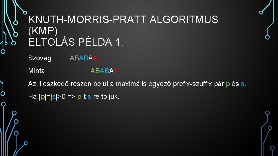 KNUTH-MORRIS-PRATT ALGORITMUS (KMP) ELTOLÁS PÉLDA 1. Szöveg: Minta: ABABAX… ABABAY Az illeszkedő részen belül