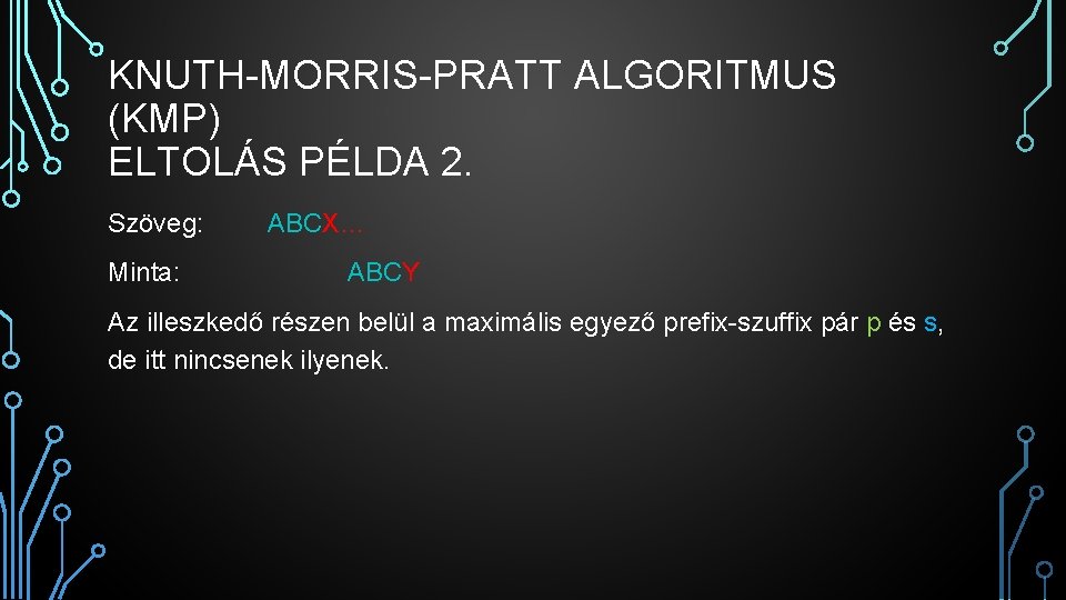 KNUTH-MORRIS-PRATT ALGORITMUS (KMP) ELTOLÁS PÉLDA 2. Szöveg: Minta: ABCX… ABCY Az illeszkedő részen belül