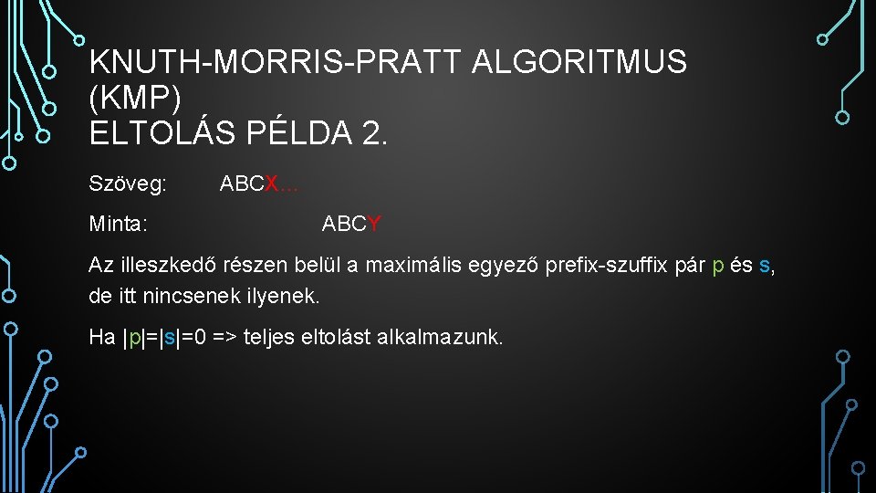 KNUTH-MORRIS-PRATT ALGORITMUS (KMP) ELTOLÁS PÉLDA 2. Szöveg: Minta: ABCX… ABCY Az illeszkedő részen belül