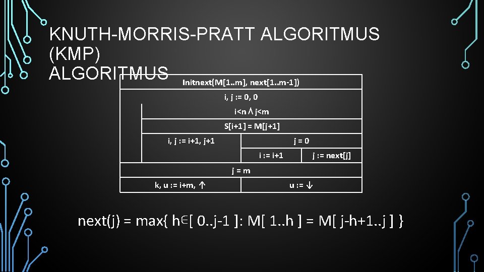 KNUTH-MORRIS-PRATT ALGORITMUS (KMP) ALGORITMUS Initnext(M[1. . m], next[1. . m-1]) i, j : =