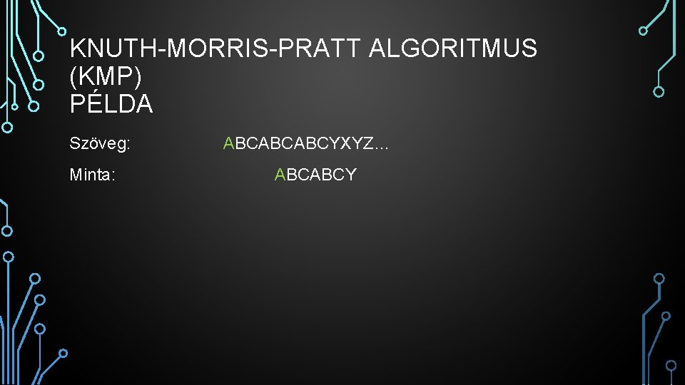 KNUTH-MORRIS-PRATT ALGORITMUS (KMP) PÉLDA Szöveg: Minta: ABCABCABCYXYZ… ABCABCY 