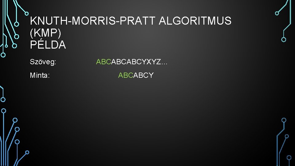 KNUTH-MORRIS-PRATT ALGORITMUS (KMP) PÉLDA Szöveg: Minta: ABCABCABCYXYZ… ABCABCY 