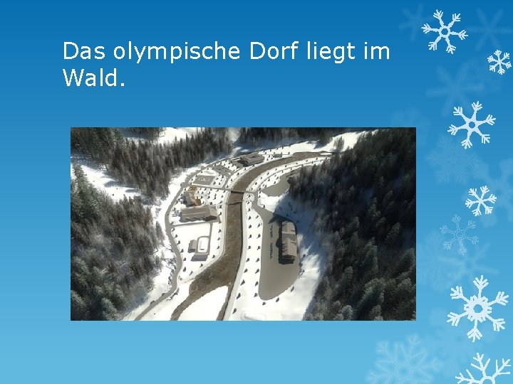 Das olympische Dorf liegt im Wald. 