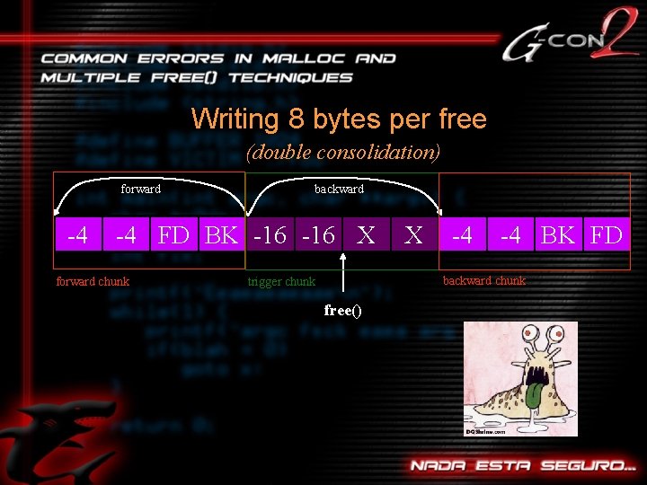Writing 8 bytes per free (double consolidation) forward -4 backward -4 FD BK -16