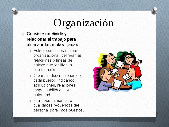 Organización O Consiste en dividir y relacionar el trabajo para alcanzar las metas fijadas: