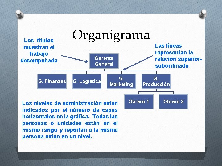 Los títulos muestran el trabajo desempeñado G. Finanzas Organigrama Las líneas representan la relación