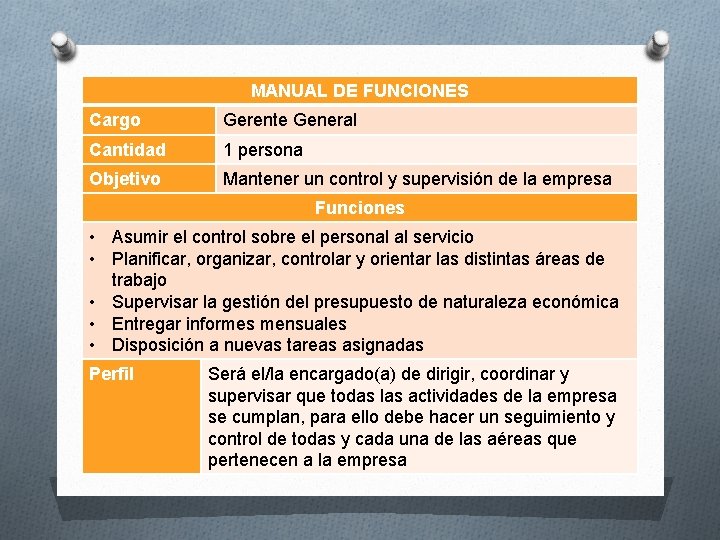 MANUAL DE FUNCIONES Cargo Gerente General Cantidad 1 persona Objetivo Mantener un control y