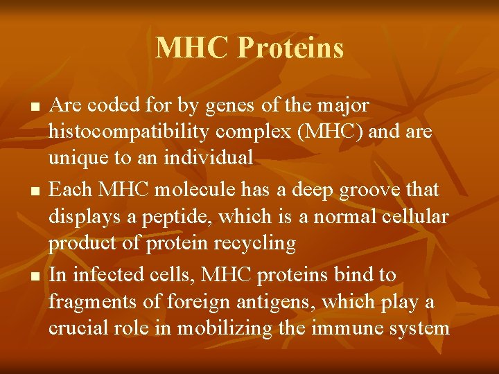 MHC Proteins n n n Are coded for by genes of the major histocompatibility