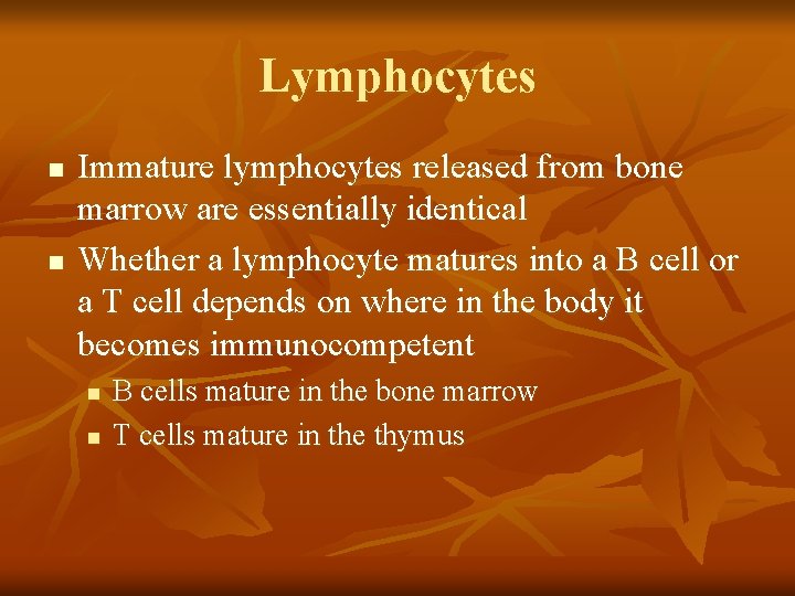 Lymphocytes n n Immature lymphocytes released from bone marrow are essentially identical Whether a