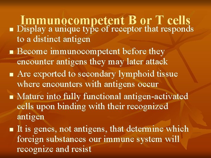 n n n Immunocompetent B or T cells Display a unique type of receptor