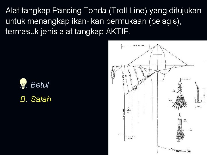 Alat tangkap Pancing Tonda (Troll Line) yang ditujukan untuk menangkap ikan-ikan permukaan (pelagis), termasuk