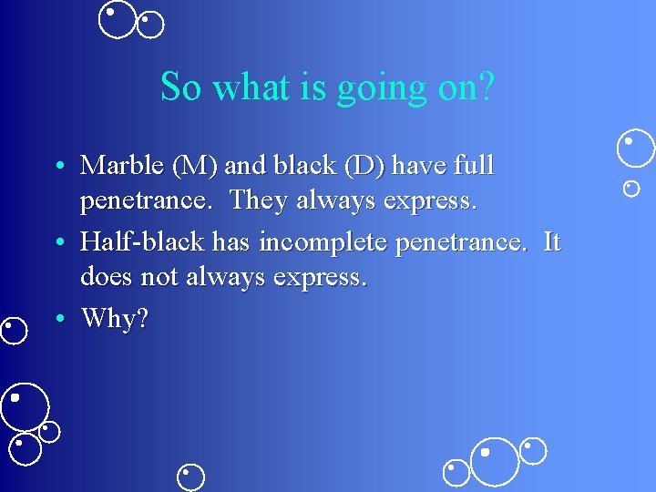 So what is going on? • Marble (M) and black (D) have full penetrance.