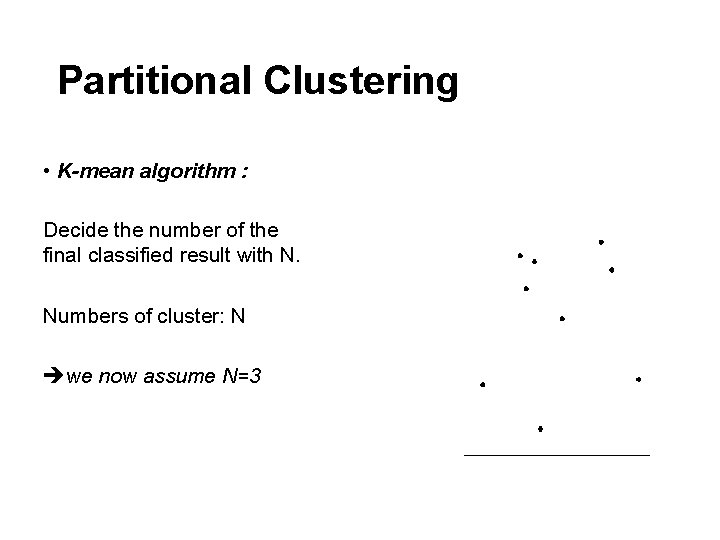 Partitional Clustering • K-mean algorithm : Decide the number of the final classified result