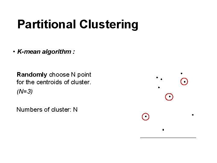 Partitional Clustering • K-mean algorithm : Randomly choose N point for the centroids of