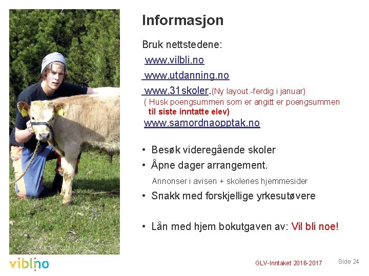 Informasjon Bruk nettstedene: www. vilbli. no www. utdanning. no www. 31 skoler. (Ny layout.