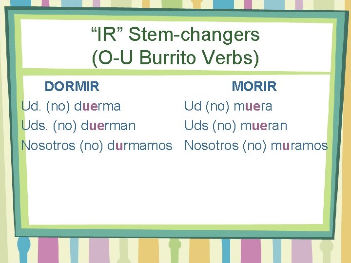 “IR” Stem-changers (O-U Burrito Verbs) DORMIR MORIR Ud. (no) duerma Ud (no) muera Uds.