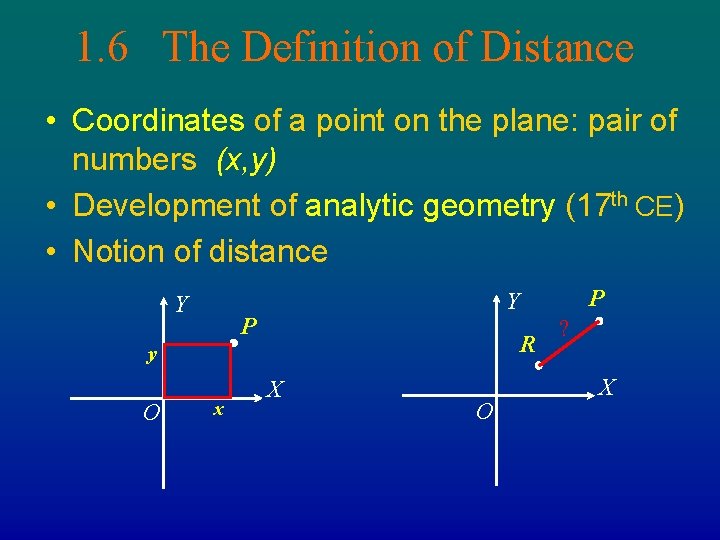 1. 6 The Definition of Distance • Coordinates of a point on the plane:
