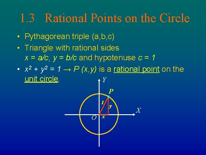 1. 3 Rational Points on the Circle • Pythagorean triple (a, b, c) •
