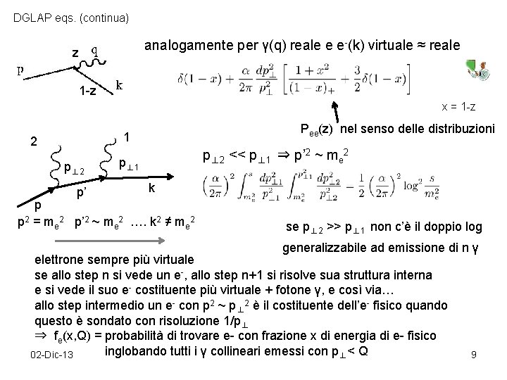 DGLAP eqs. (continua) analogamente per γ(q) reale e e-(k) virtuale ≈ reale z 1