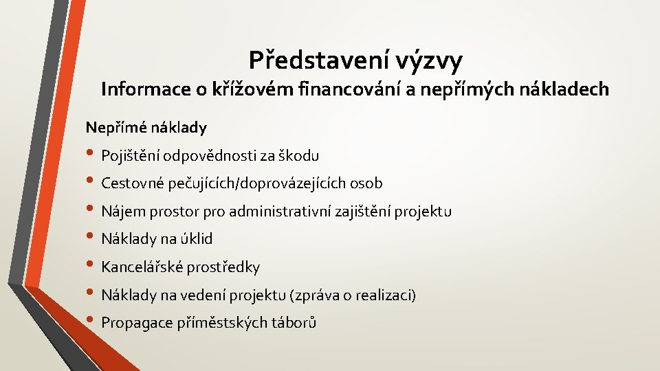 Představení výzvy Informace o křížovém financování a nepřímých nákladech Nepřímé náklady • Pojištění odpovědnosti