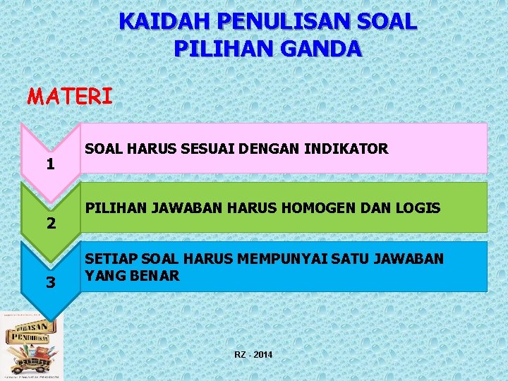 KAIDAH PENULISAN SOAL PILIHAN GANDA MATERI 1 2 3 SOAL HARUS SESUAI DENGAN INDIKATOR