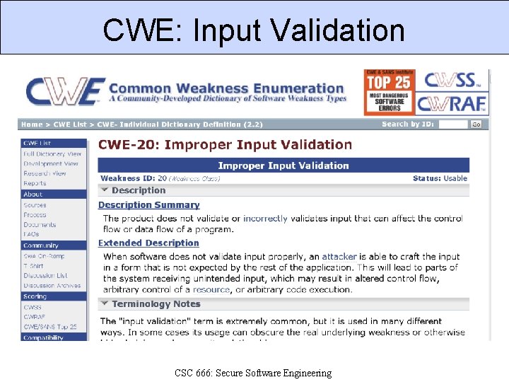 CWE: Input Validation CSC 666: Secure Software Engineering 