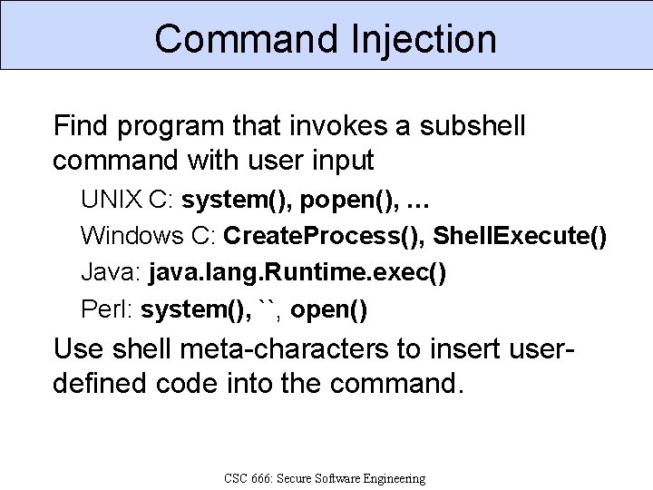 Command Injection Find program that invokes a subshell command with user input UNIX C: