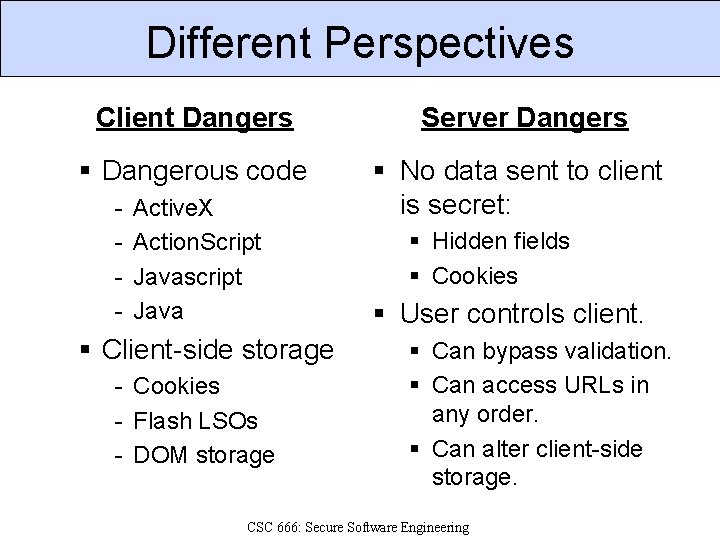 Different Perspectives Client Dangers Server Dangers § Dangerous code § No data sent to