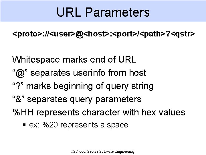 URL Parameters <proto>: //<user>@<host>: <port>/<path>? <qstr> Whitespace marks end of URL “@” separates userinfo