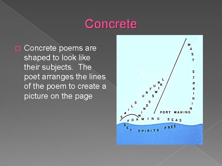 Concrete � Concrete poems are shaped to look like their subjects. The poet arranges