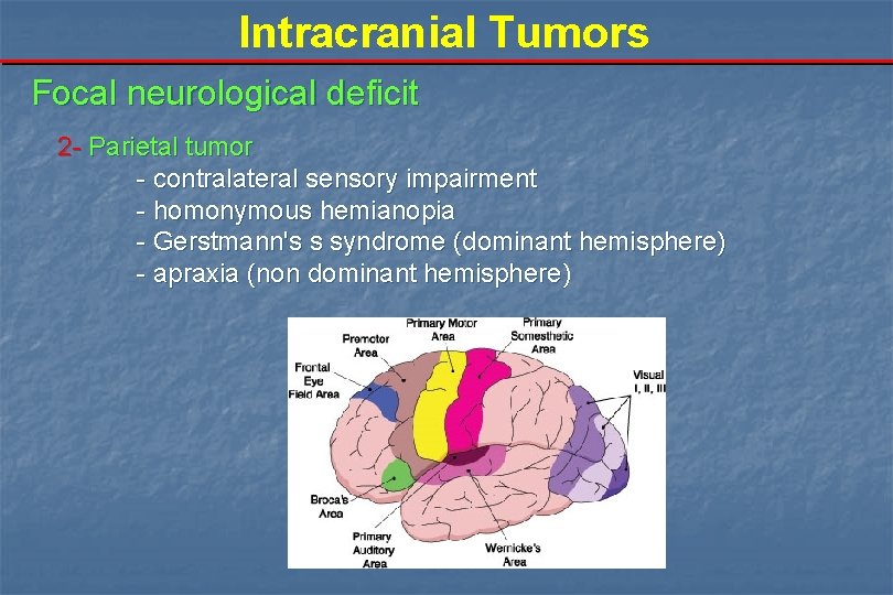 Intracranial Tumors Focal neurological deficit 2 - Parietal tumor - contralateral sensory impairment -