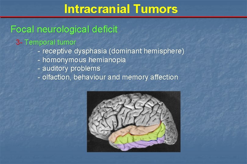 Intracranial Tumors Focal neurological deficit 3 - Temporal tumor - receptive dysphasia (dominant hemisphere)