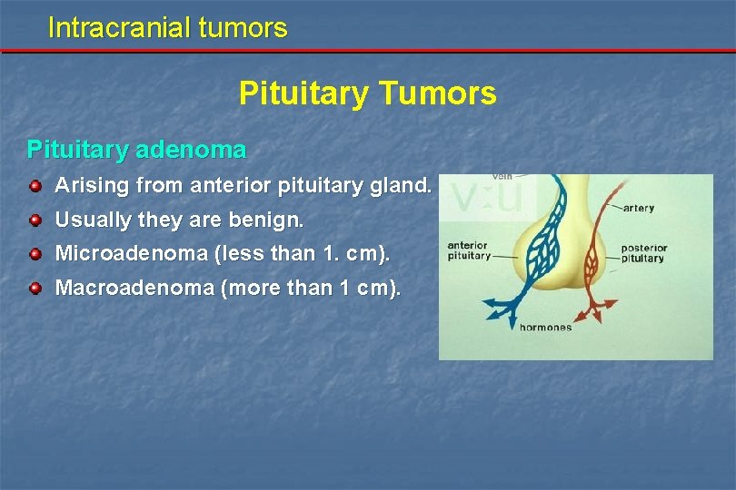 Intracranial tumors Pituitary Tumors Pituitary adenoma Arising from anterior pituitary gland. Usually they are