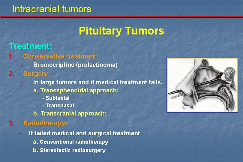 Intracranial tumors Pituitary Tumors Treatment: 1. Conservative treatment: - 2. Bromocriptine (prolactinoma) Surgery: -