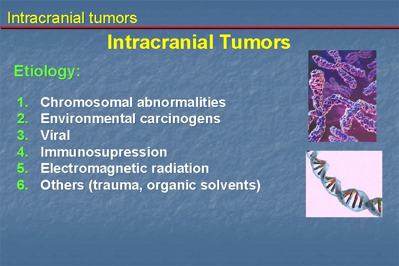 Intracranial tumors Intracranial Tumors Etiology: 1. 2. 3. 4. 5. 6. Chromosomal abnormalities Environmental