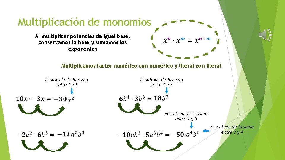 Multiplicación de monomios Al multiplicar potencias de igual base, conservamos la base y sumamos