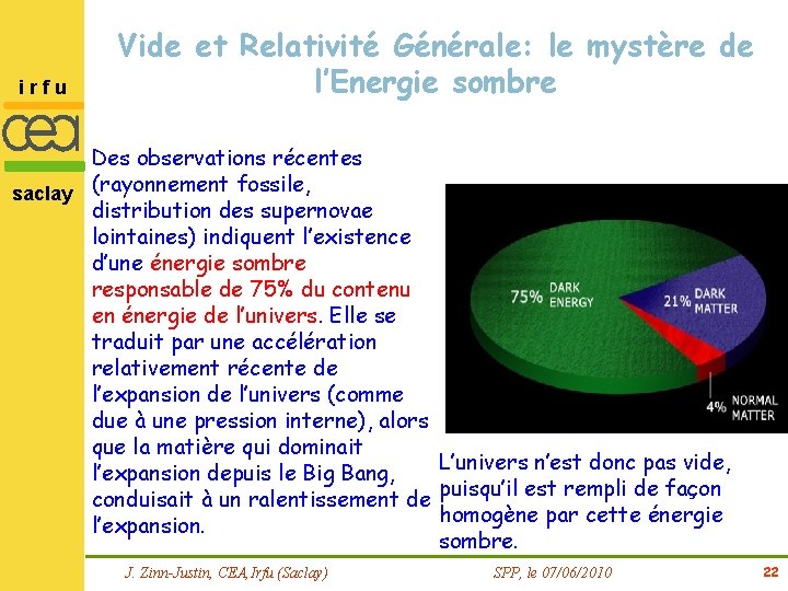 irfu Vide et Relativité Générale: le mystère de l’Energie sombre Des observations récentes saclay