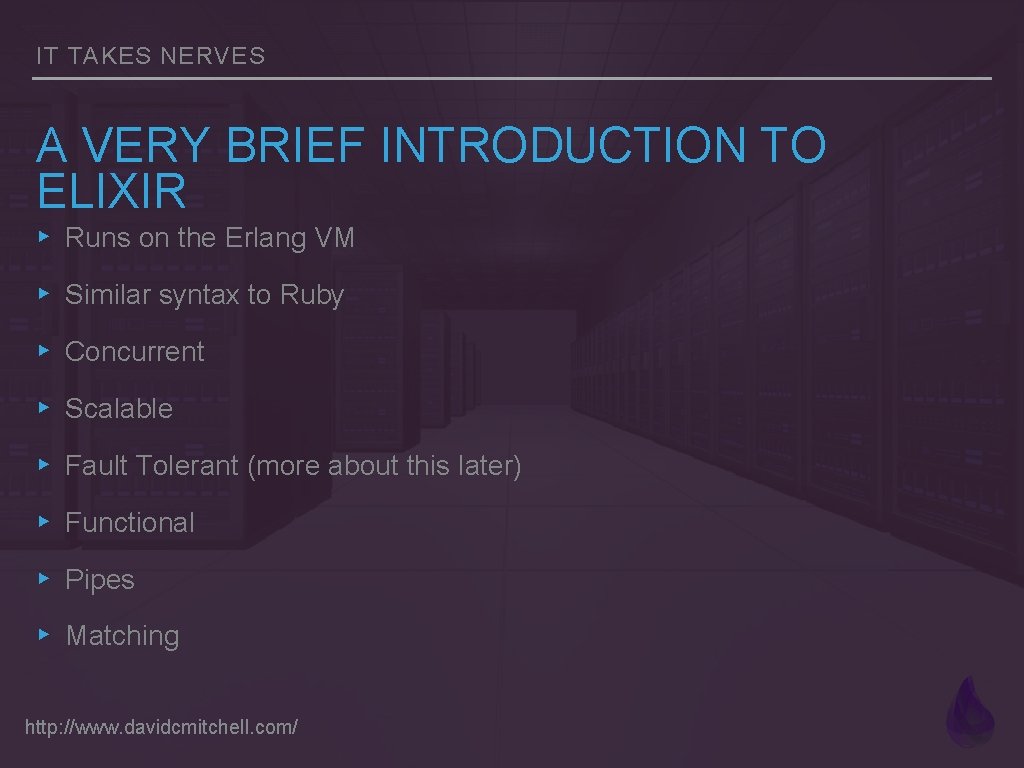 IT TAKES NERVES A VERY BRIEF INTRODUCTION TO ELIXIR ▸ Runs on the Erlang