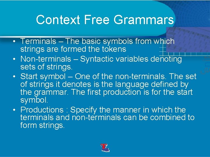 Context Free Grammars • Terminals – The basic symbols from which strings are formed