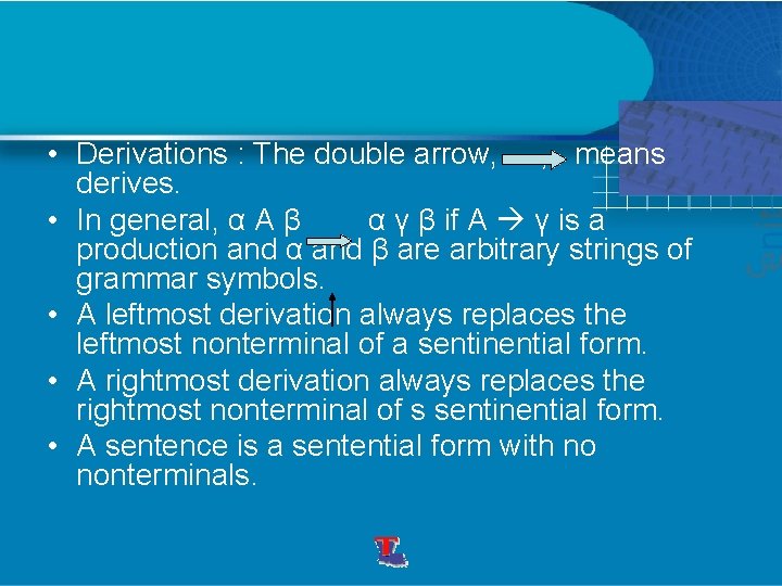  • Derivations : The double arrow, , means derives. • In general, α