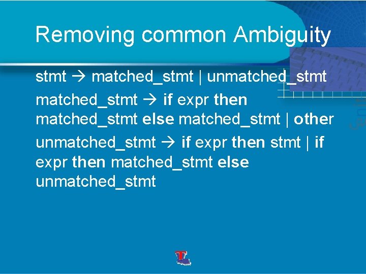 Removing common Ambiguity stmt matched_stmt | unmatched_stmt if expr then matched_stmt else matched_stmt |