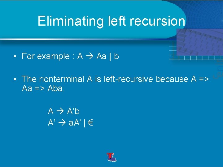 Eliminating left recursion • For example : A Aa | b • The nonterminal