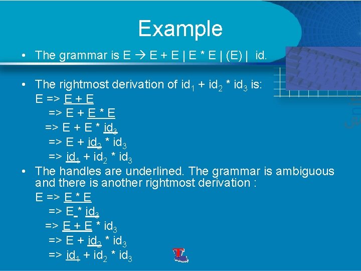 Example • The grammar is E E + E | E * E |