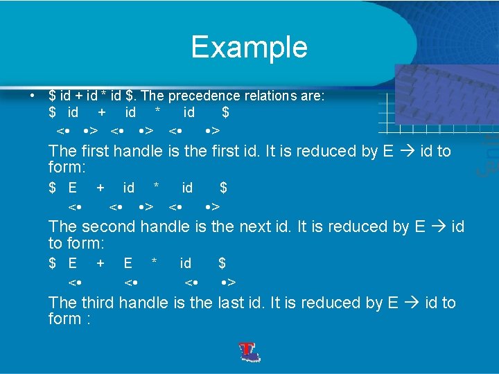 Example • $ id + id * id $. The precedence relations are: $