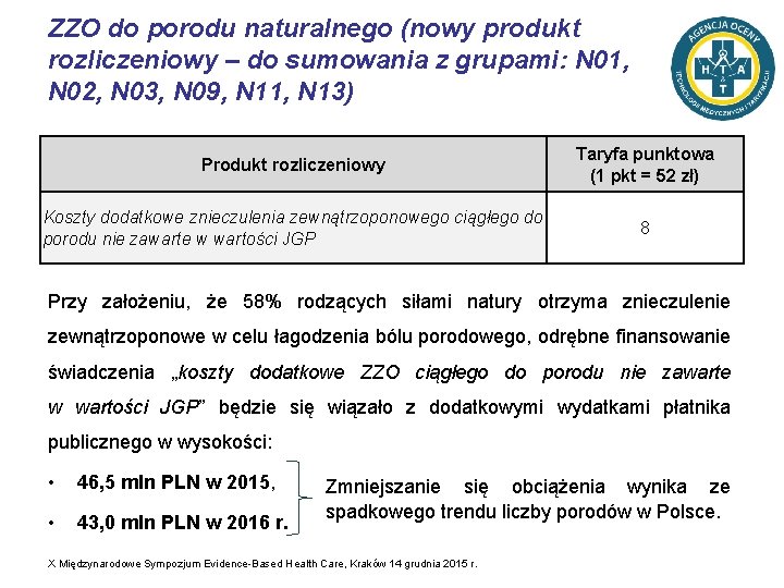 ZZO do porodu naturalnego (nowy produkt rozliczeniowy – do sumowania z grupami: N 01,